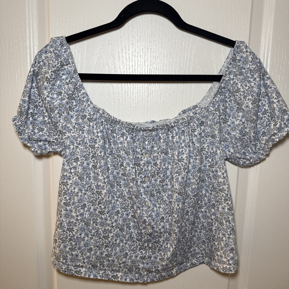 American Eagle Floral Crop Top Small Blue Ditsy Square Neck Puff Sleeve
